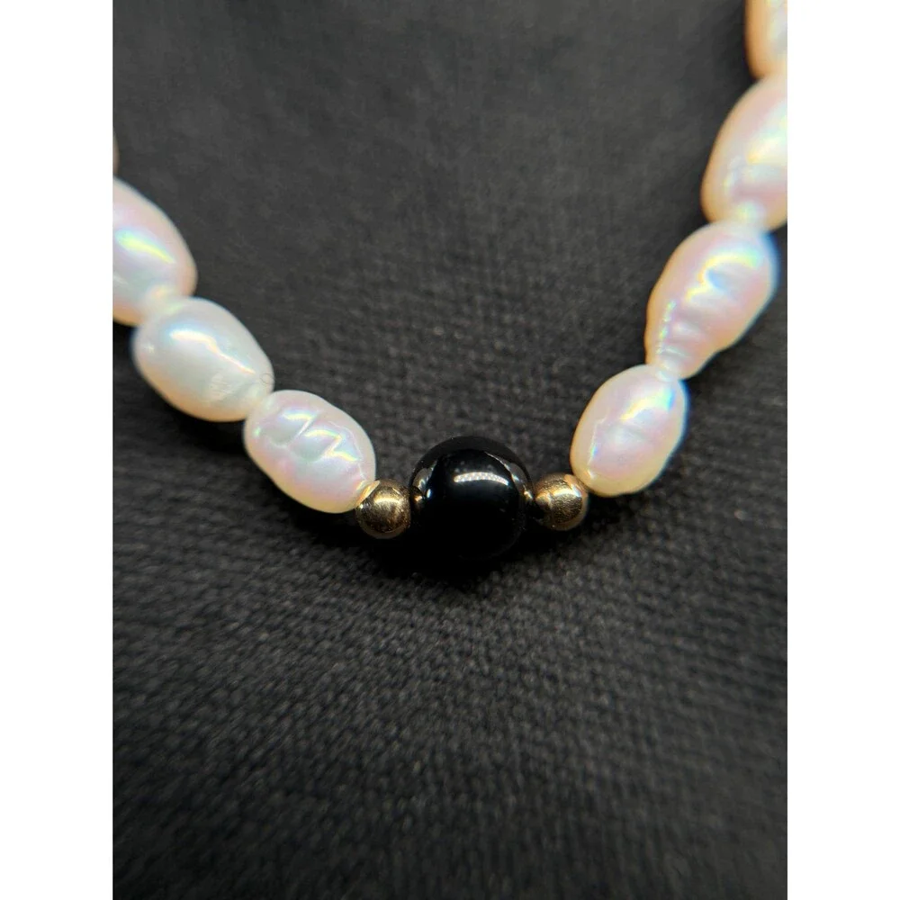 14K Gold Freshwater Pearl Onyx Endless Necklace 33 Inch 28.5g